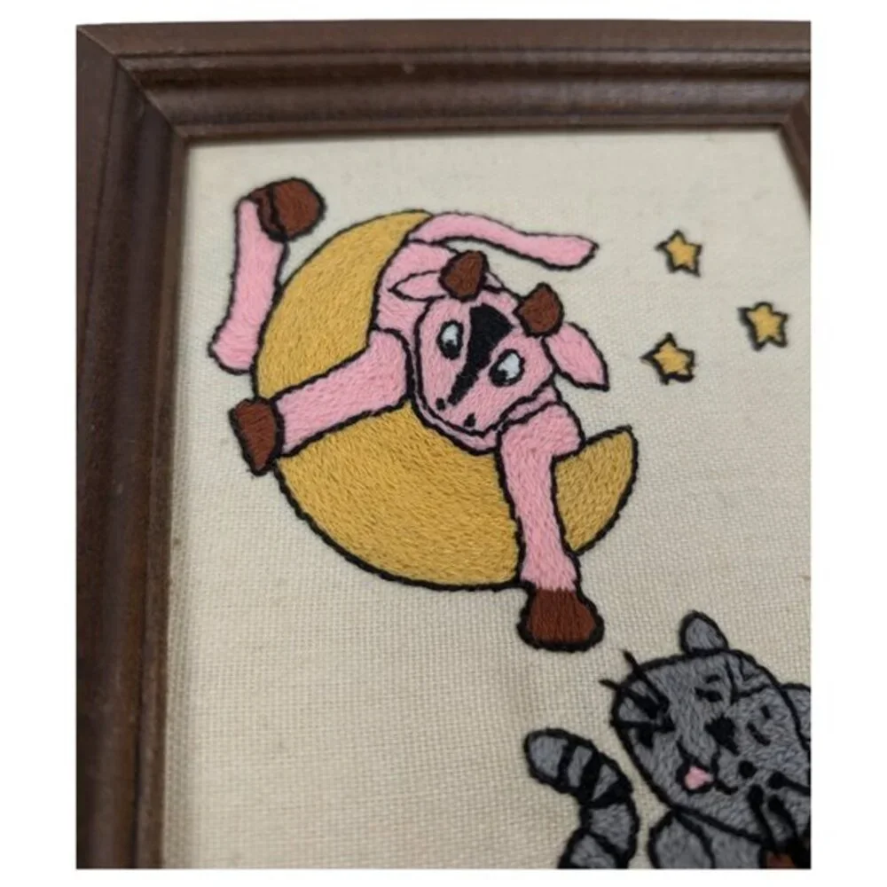 Completed Embroidered Cow Jump Over Moon Fiddle Cat Framed Frame 6x8